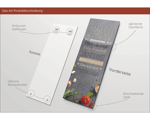 Image en verre avec les règles de cuisine, entretoises incluses, prête à être accrochée
