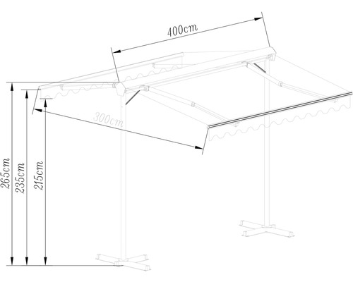 Dessin technique d''un store banne de dimensions 400 x 300 centimètres et d''une hauteur de 215 à 265 centimètres.