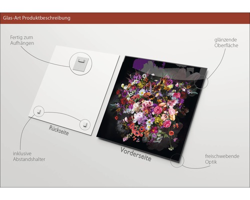 Image sur verre avec motif floral, fixation et entretoises incluses