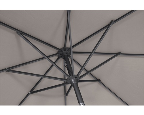 Blick von unten auf einen Gartenschirm mit Streben