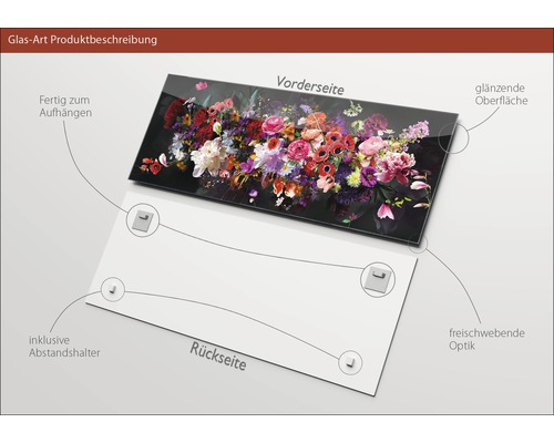 Tableau en verre avec motif floral, surface brillante, avec entretoises pour un aspect flottant, prêt à être accroché, recto et verso illustrés