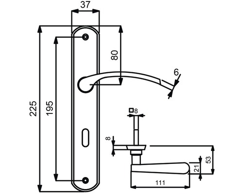 Schéma technique d''une poignée de porte avec dimensions