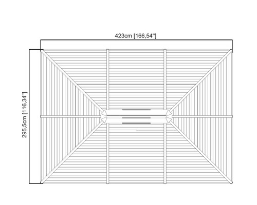 Dachplan mit Abmessungen 423 Zentimeter und 295,5 Zentimeter