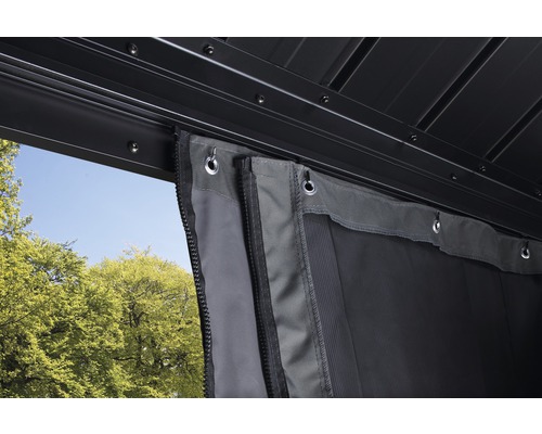 Detailansicht einer Gazebo-Seitenwand mit Reißverschluss und Ösen