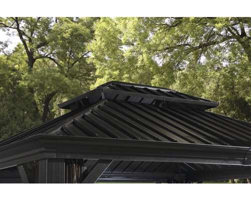 Detailansicht des Metalldachs eines Pavillons