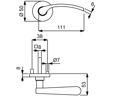 Dessin technique d''une poignée de porte avec indications de mesure