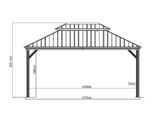 Abmessungen eines Pavillons mit Höhen-, Breiten- und Tiefenangaben