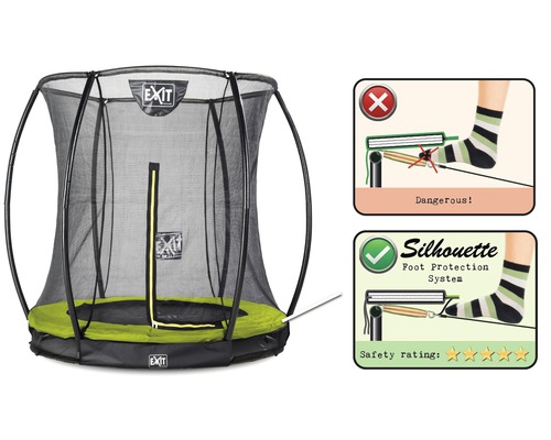 Trampoline de jardin avec filet de sécurité et illustrations sur la sécurité des pieds