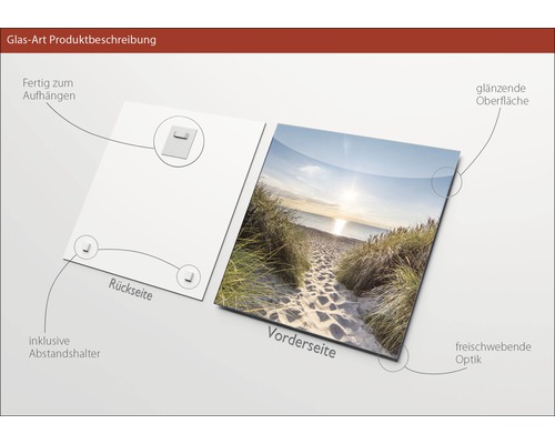 Description du produit Image en verre avec motif de plage, entretoises et dispositif de suspension inclus