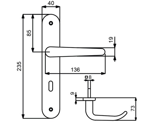 Schéma technique d''une poignée de porte avec dimensions