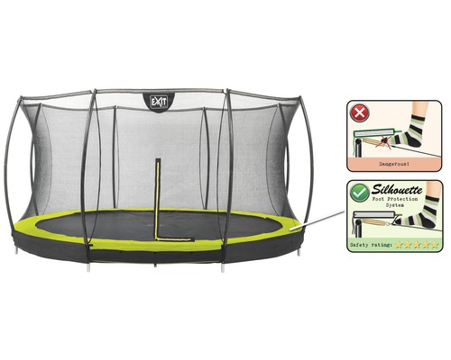 Trampoline EXIT avec filet de sécurité et informations de sécurité sur la protection contre le coincement des doigts
