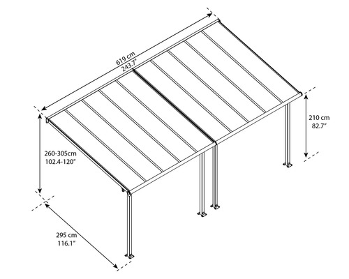 Dimensions d''un toit de terrasse avec une longueur de 619 cm, une largeur de 295 cm et une hauteur de 210 cm