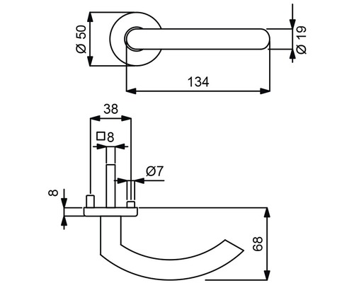 Technische Zeichnung eines Türdrückers mit Maßangaben