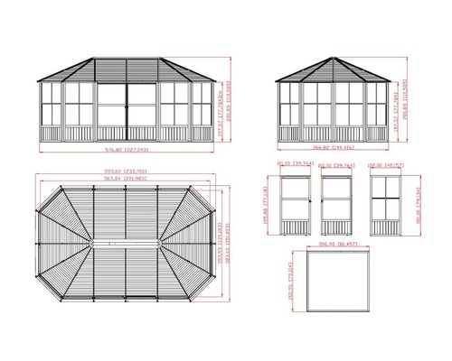 Technische Zeichnung eines Pavillons mit Maßangaben