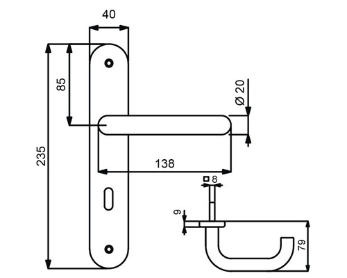 Technische Zeichnung eines Türdrückers mit Maßangaben