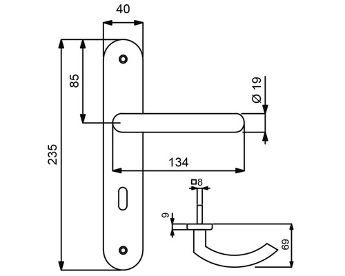 Technische Zeichnung einer Türgarnitur mit Maßangaben