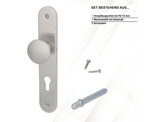 Türbeschlagset mit Knopflangschild, Wechselstift mit Gewinde und Schrauben