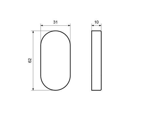 Technische Zeichnung eines Möbelknopfs mit den Maßen 62 x 31 x 10 mm.