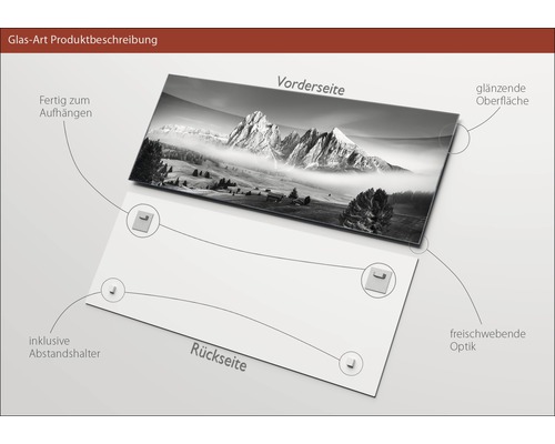 Glasbild mit Berglandschaft, glänzender Oberfläche, inklusive Abstandshalter zur schwebenden Optik und Aufhängevorrichtung