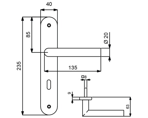 Technische Zeichnung eines Türgriffs mit Maßangaben