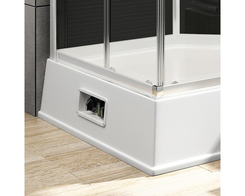 Vue détaillée d''une cabine de douche avec entrée d''angle et habillage
