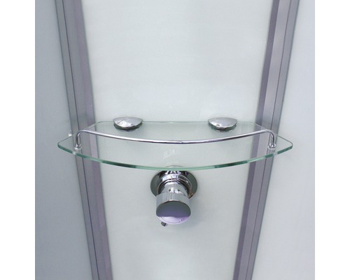 Étagère en verre avec support dans une cabine de douche