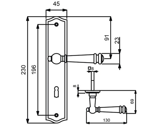 Schéma technique d''une poignée de porte avec plaque longue et indications de dimensions