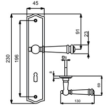 Dessin technique d''une poignée de porte avec plaque longue et dimensions