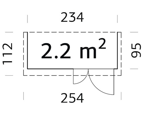 Grundrisszeichnung mit Flächenangabe 2,2 Quadratmeter und Abmessungen