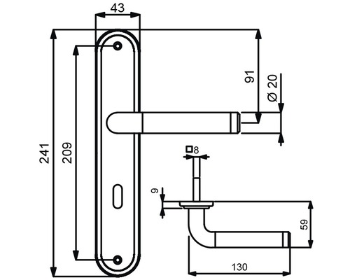 Technische Zeichnung eines Türdrückers mit Maßangaben