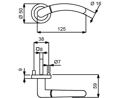 Schéma technique d''une poignée de porte avec dimensions