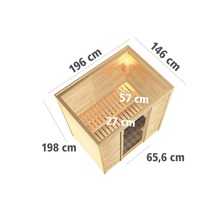 Massivholzsauna Karibu Sonja inkl. 9 kW Bio Ofen u.ext.Steuerung ohne Dachkranz mit Holztüre und Isolierglas wärmegedämmt