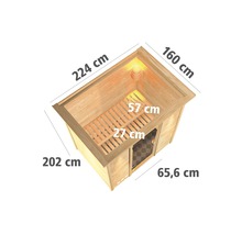 Massivholzsauna Karibu Sonja inkl. 9 kW Bio Ofen u.ext.Steuerung mit Dachkranz und Holztüre mit Isolierglas wärmegedämmt