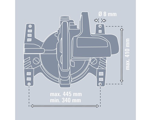 Abbildung der Abmessungen einer Pumpe mit maximal 445 Millimeter Breite, minimal 340 Millimeter Breite, maximal 410 Millimeter Höhe und einem Durchmesser von 8 Millimetern