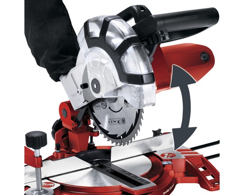 Kapp- und Gehrungssäge in Aktion mit Pfeil, der die Schneidbewegung darstellt