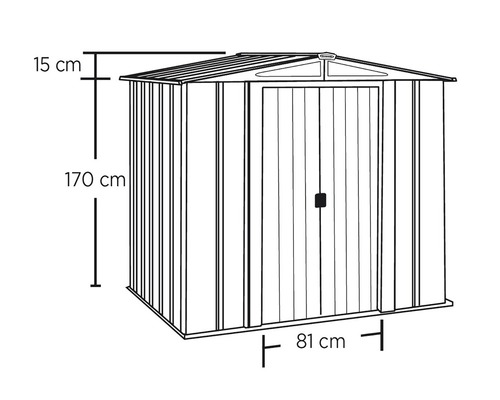 Abbildung eines Gerätehauses mit den Maßen 170 cm Höhe, 81 cm Breite und 15 cm Dachüberstand