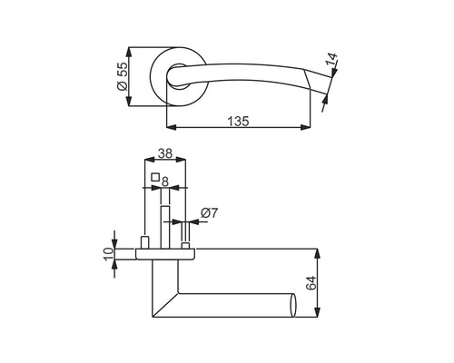 Schéma technique d''une poignée de porte avec dimensions