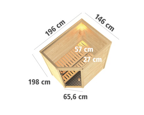 Vue de dessus d''un sauna d''angle avec dimensions