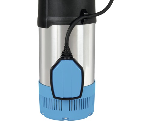 Detailansicht einer Tauchpumpe aus Edelstahl mit Schwimmerschalter