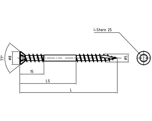 Schéma technique d''une vis avec entraînement I-Stern 25 et indications de dimensions