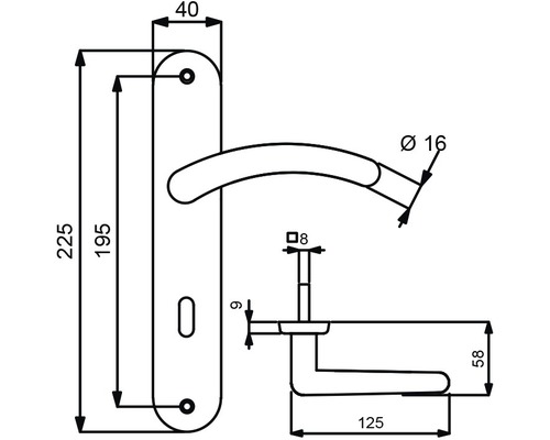 Schéma technique d''une poignée de porte avec dimensions