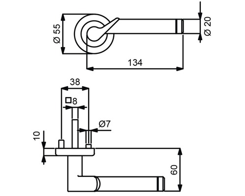 Schéma technique d''une poignée de porte avec dimensions