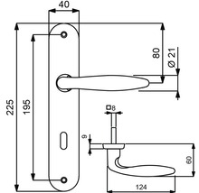 Schéma technique d''une poignée de porte avec plaque longue et indications de dimensions