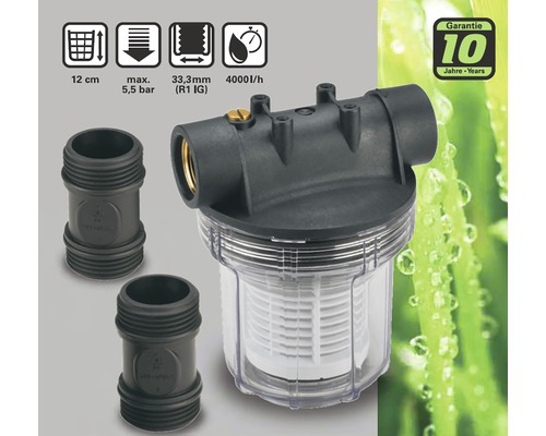 Hauswasserwerk Filter mit einer Größe von 12 cm, maximal 5,5 bar, 33,3 mm (R1 IG) und 4000 l/h mit 10 Jahre Garantie.