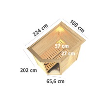 Massivholzsauna Karibu Svea inkl. 9 kW Bio Ofen u.ext.Steuerung mit Dachkranz und bronzierter Ganzglastüre
