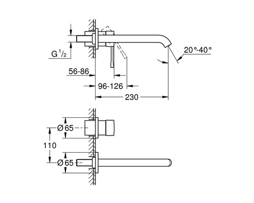 Schéma technique d''un robinet de lavabo avec dimensions
