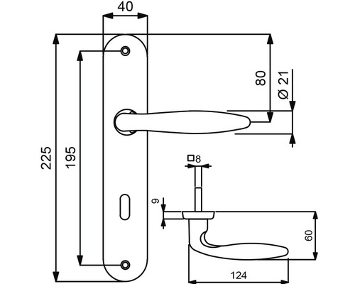 Schéma technique d''une poignée de porte avec plaque longue et dimensions