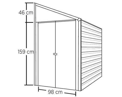 Illustration eines Gerätehauses mit Abmessungen: Höhe 159 cm, Höhe Dach 46 cm, Breite 98 cm.