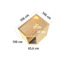 Massivholzsauna Karibu Svea inkl. 9 kW Bio Ofen u.ext.Steuerung ohne Dachkranz mit Ganzglastüre aus Klarglas