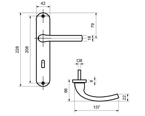 Schéma technique d''une poignée de porte avec dimensions